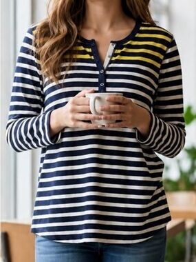 Chaps Classics Navy White Yellow Striped Henley Long Sleeve Top